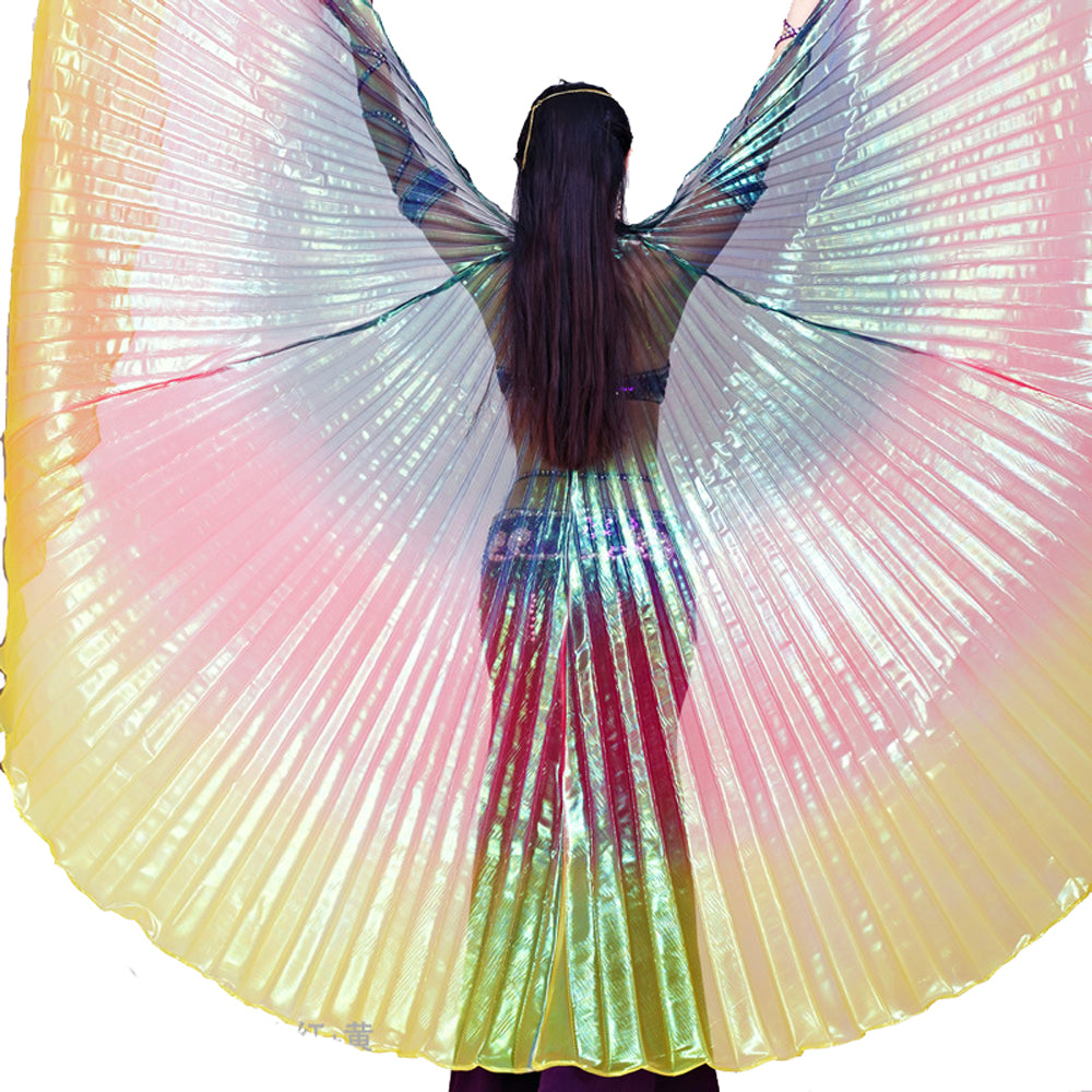 Nouveautés Costume de danse du ventre pour femme, ailes d'Isis, ailes de danse tricolores, ailes d'ange pour spectacle de carnaval d'Halloween avec bâtons