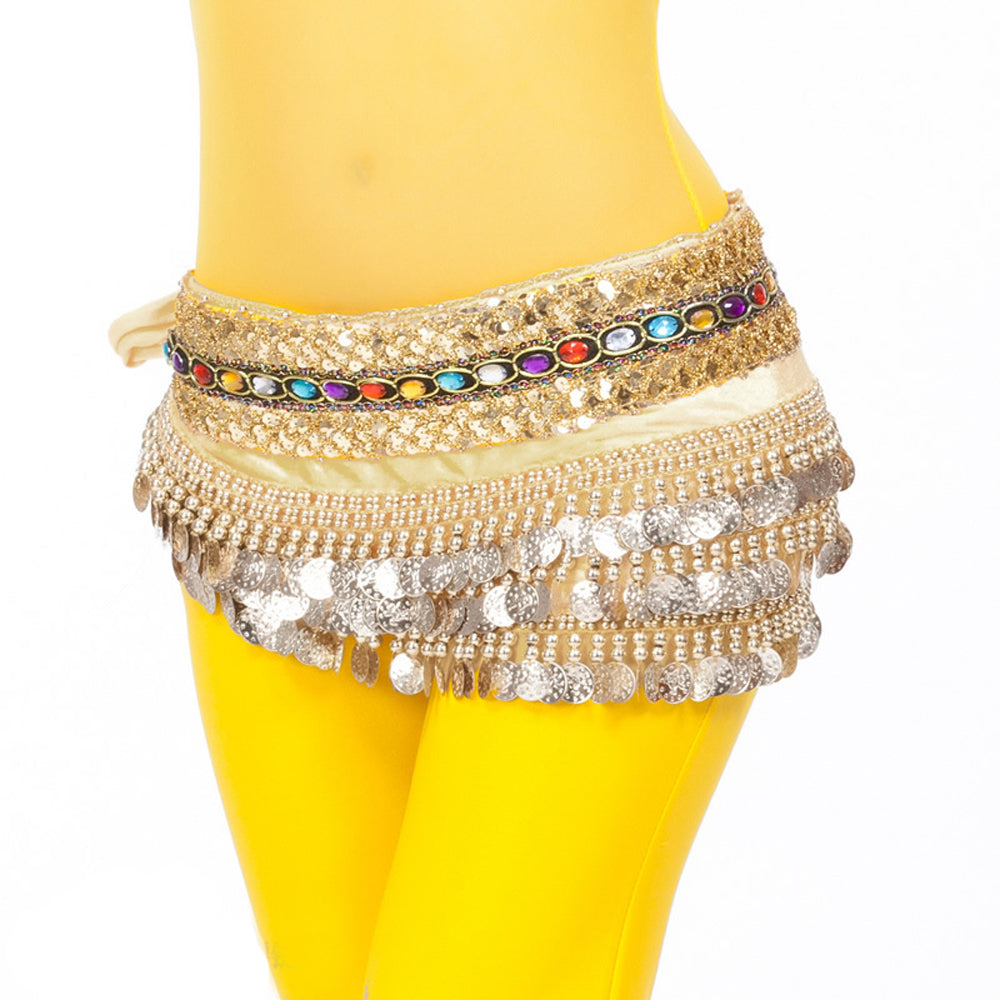 Women's Belly Dance Wave Shape Hip Scarf with 248 Coins and Colorful Rhinestone, Belly Dance Waist Belts