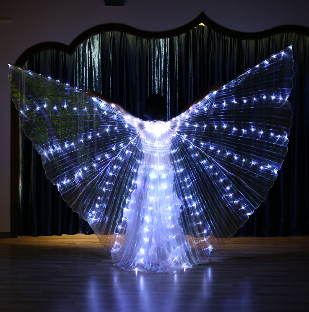 Aile Isis Led couleurs uniques, ailes lumineuses de danse du ventre, tenue de club de fête d'halloween de carnaval avec bâtons télescopiques