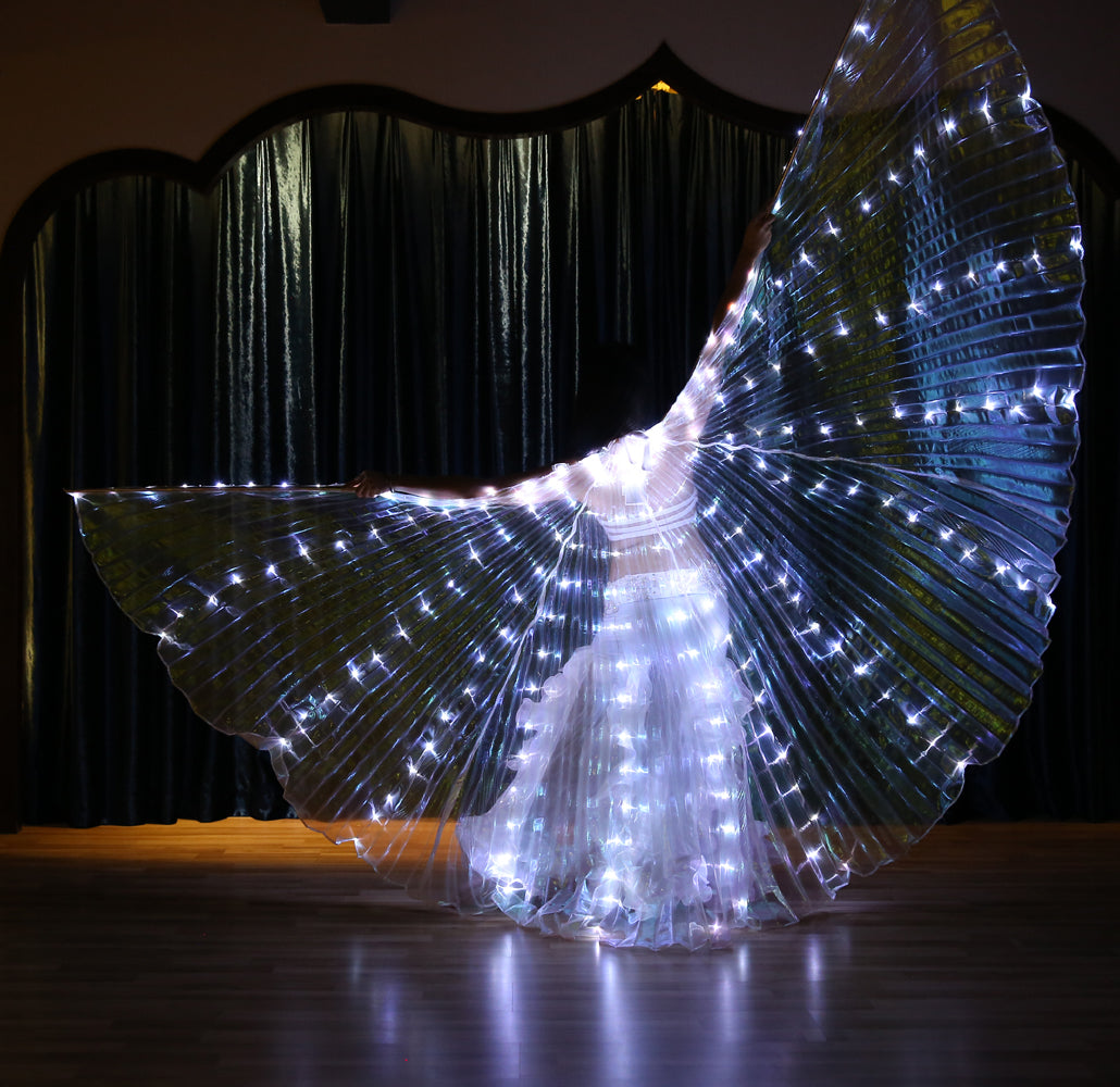 Aile Isis Led couleurs uniques, ailes lumineuses de danse du ventre, tenue de club de fête d'halloween de carnaval avec bâtons télescopiques