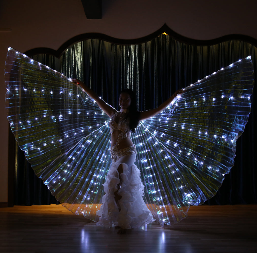 Aile Isis Led couleurs uniques, ailes lumineuses de danse du ventre, tenue de club de fête d'halloween de carnaval avec bâtons télescopiques