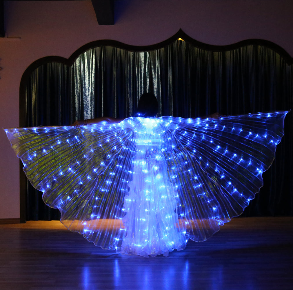 Aile Isis Led couleurs uniques, ailes lumineuses de danse du ventre, tenue de club de fête d'halloween de carnaval avec bâtons télescopiques