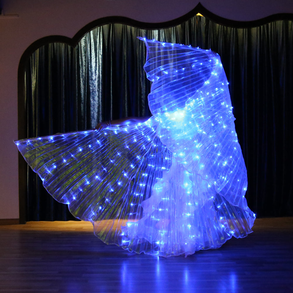 Aile Isis Led couleurs uniques, ailes lumineuses de danse du ventre, tenue de club de fête d'halloween de carnaval avec bâtons télescopiques