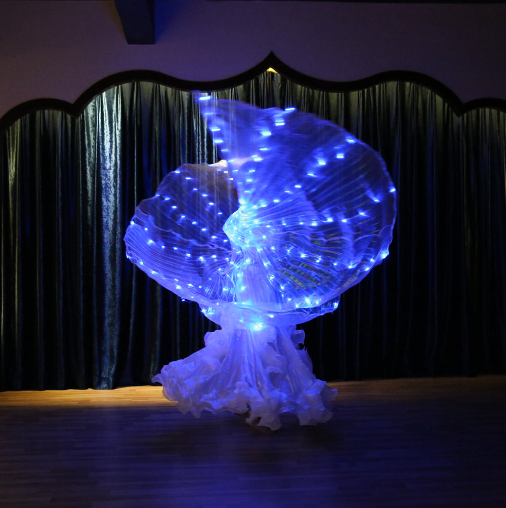 Aile Isis Led couleurs uniques, ailes lumineuses de danse du ventre, tenue de club de fête d'halloween de carnaval avec bâtons télescopiques