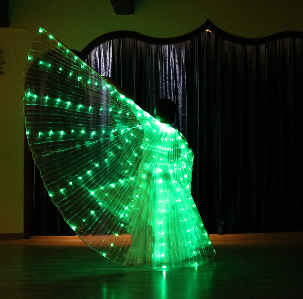 Aile Isis Led couleurs uniques, ailes lumineuses de danse du ventre, tenue de club de fête d'halloween de carnaval avec bâtons télescopiques