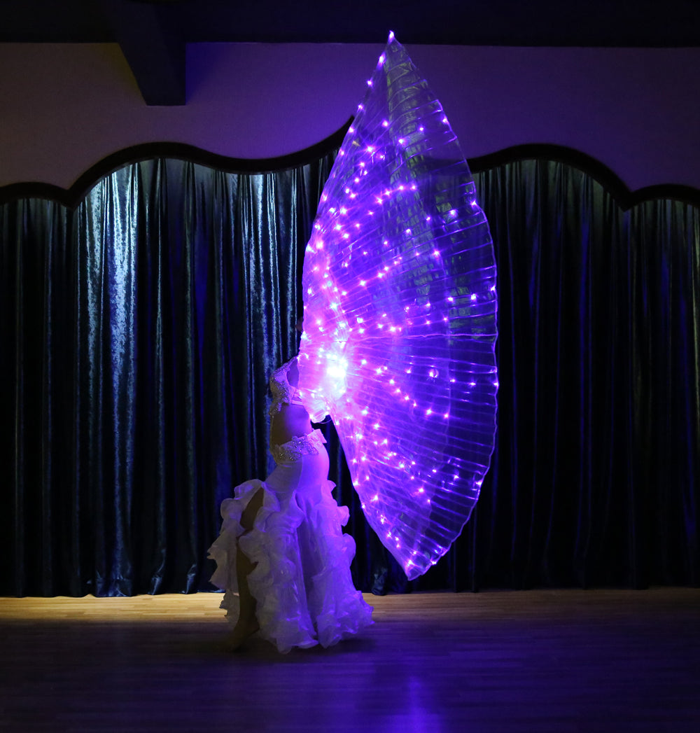 Aile Isis Led couleurs uniques, ailes lumineuses de danse du ventre, tenue de club de fête d'halloween de carnaval avec bâtons télescopiques