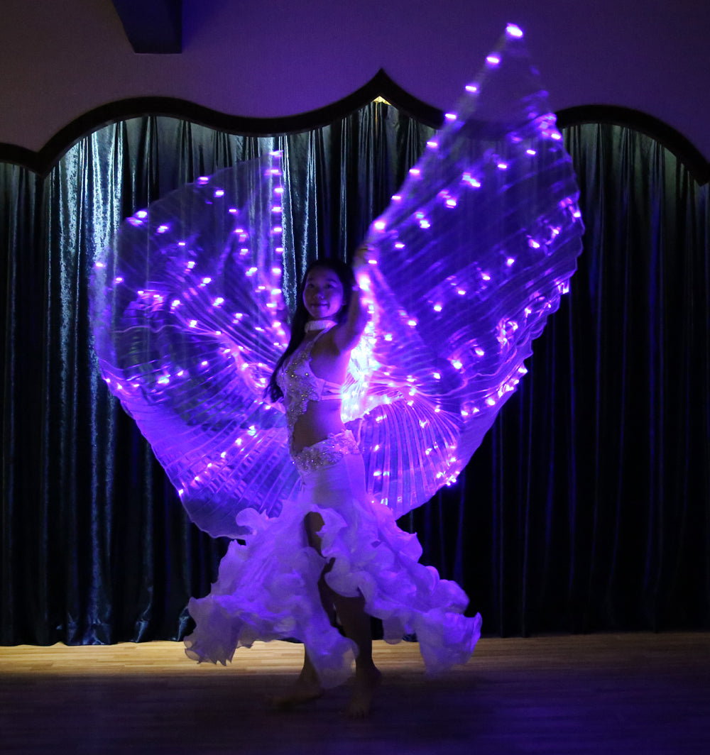 Aile Isis Led couleurs uniques, ailes lumineuses de danse du ventre, tenue de club de fête d'halloween de carnaval avec bâtons télescopiques