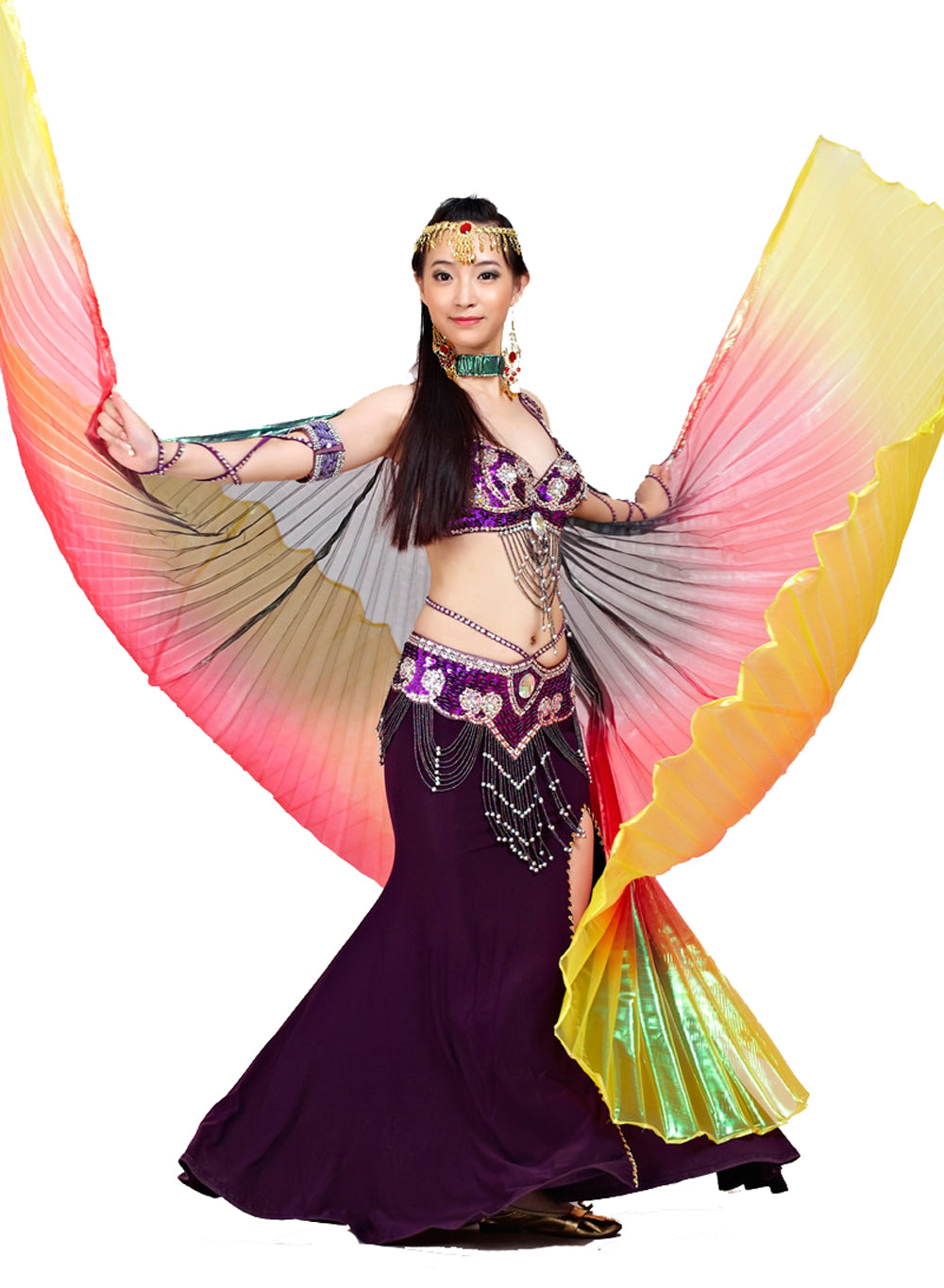 Nouveautés Costume de danse du ventre pour femme, ailes d'Isis, ailes de danse tricolores, ailes d'ange pour spectacle de carnaval d'Halloween avec bâtons