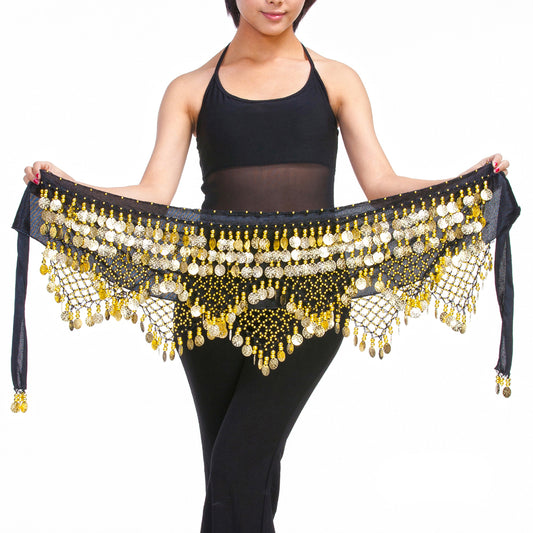 Women's Belly Dance Wave Shape Hip Scarf with 320 Coins Three Straight Two Angle Waist Belt
