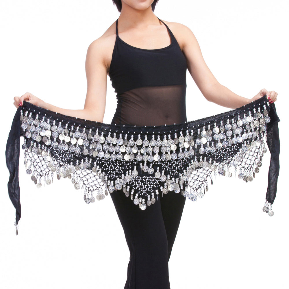 Women's Belly Dance Wave Shape Hip Scarf with 320 Coins Three Straight Two Angle Waist Belt