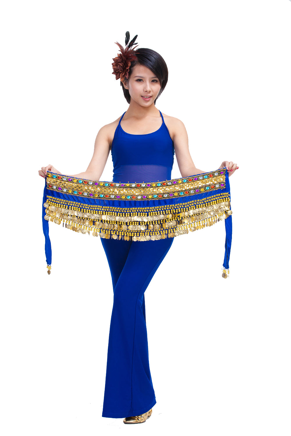 New Arrivals Belly Dance Wave Shape Hip Scarf with 248 Coins and Colorful Rhinestone, Belly Dance Waist Belts