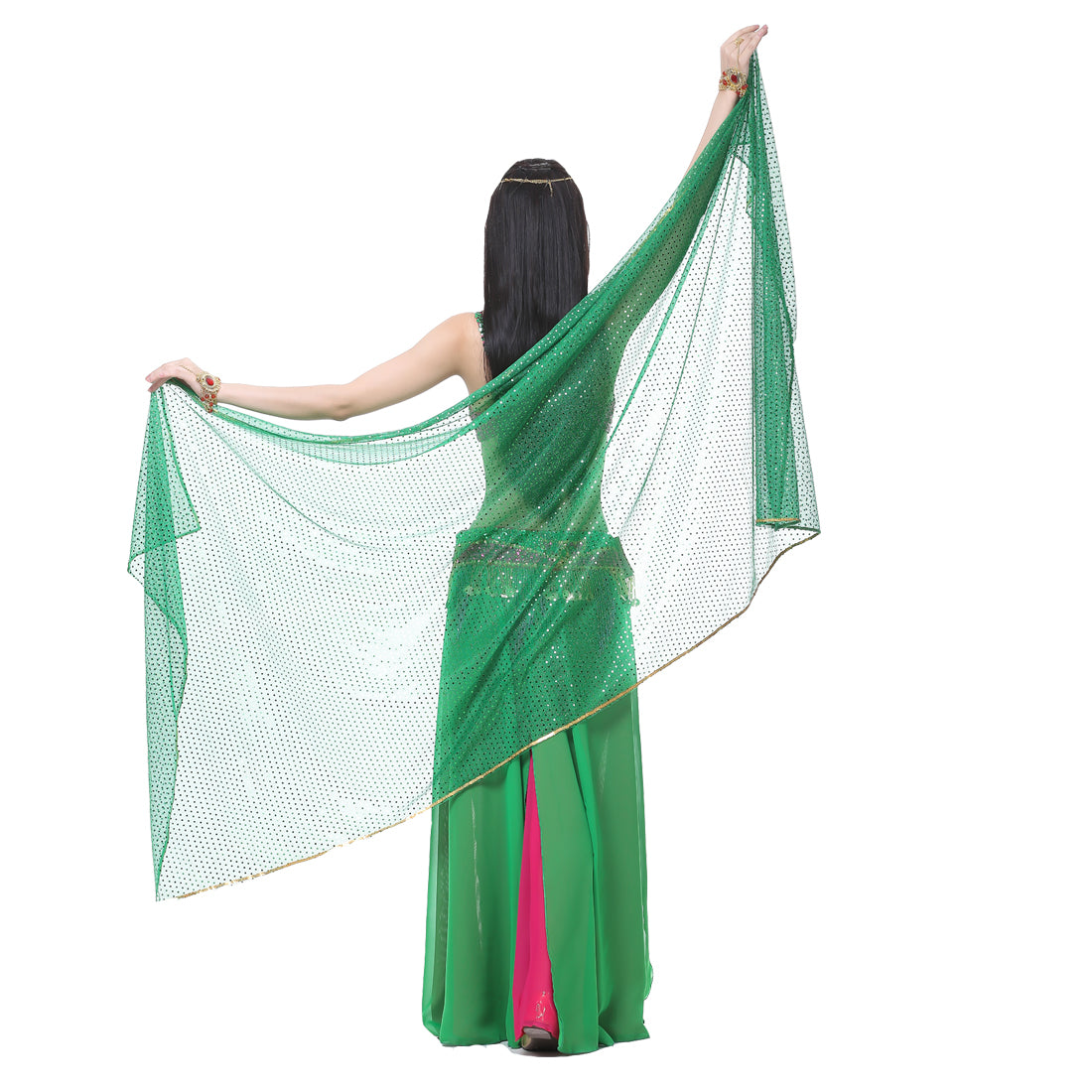 Shinning Spot Chiffon Hand Scarf, Stage Dancewear Scarf, Light Weight Belly Dance Shawls, Belly Dance Veils with Trim Gold