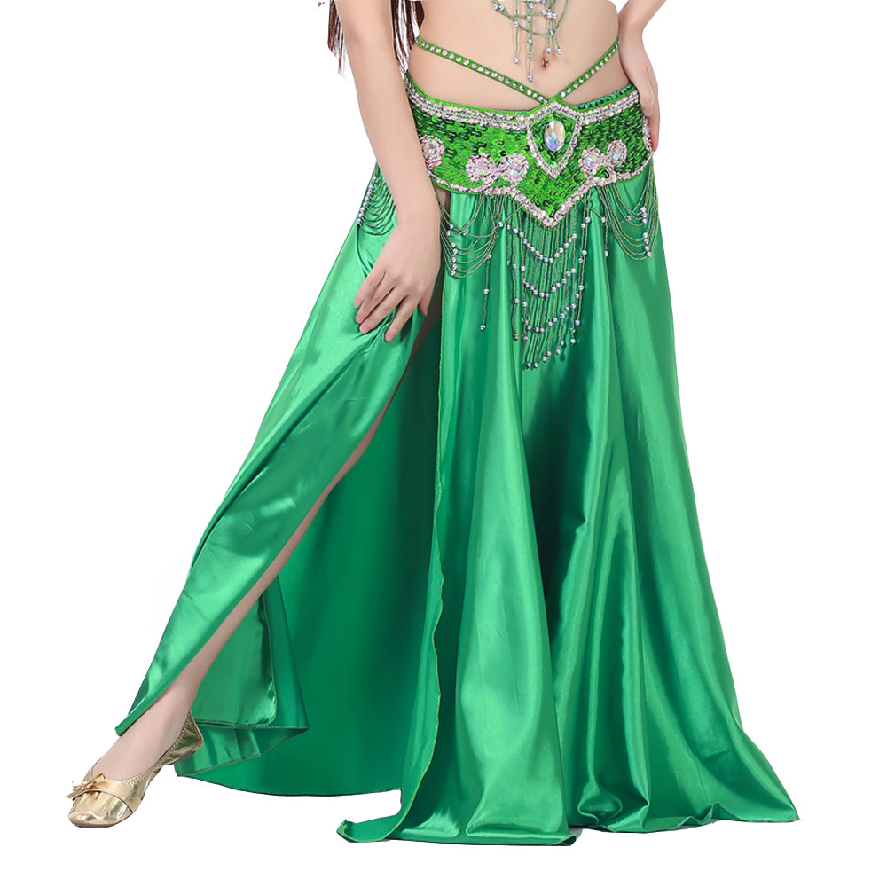 Professional Sexy Double Fork-tailed Double Split Satin Belly Dance Skirt Split Long Belly Dance Skirts