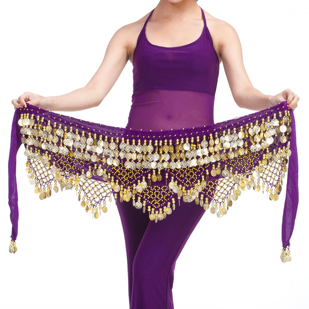 Women's Belly Dance Wave Shape Hip Scarf with 320 Coins Three Straight Two Angle Waist Belt