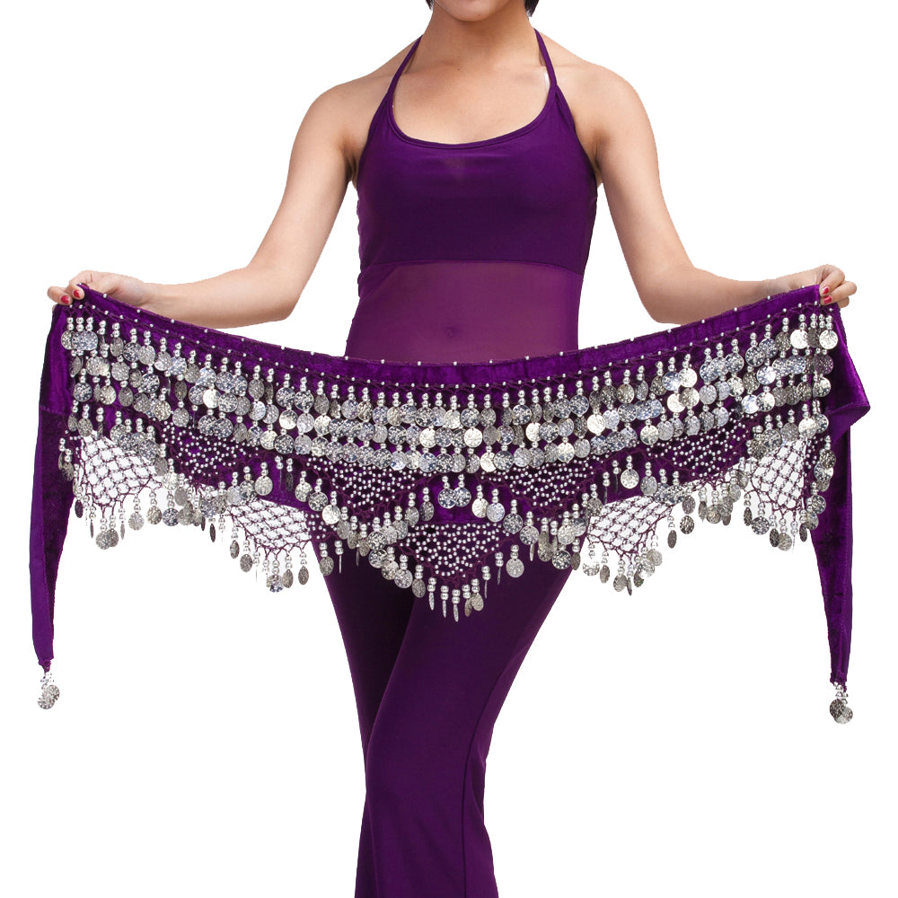 Women's Belly Dance Wave Shape Hip Scarf with 320 Coins Three Straight Two Angle Waist Belt