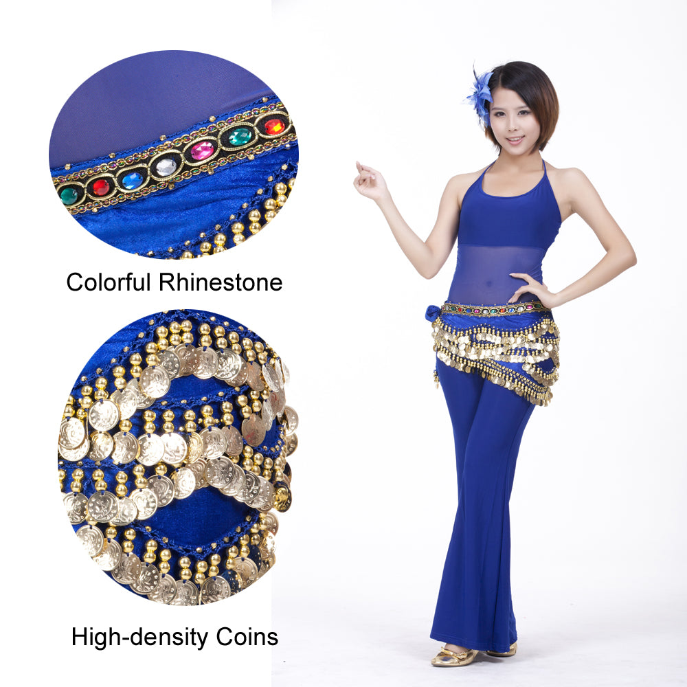 New Arrivals Belly Dance Wave Shape Hip Scarf with 328 Coins and Colorful Rhinestone, Belly Dance Waist Belts