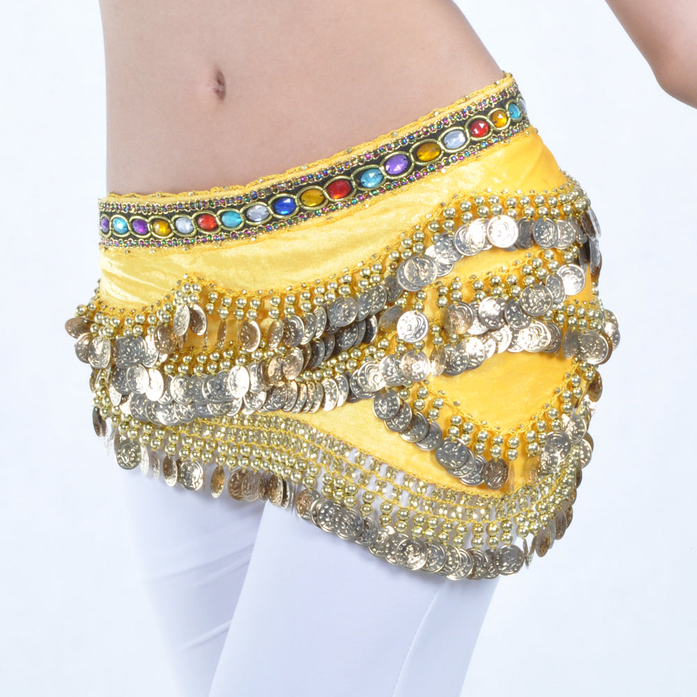 New Arrivals Belly Dance Wave Shape Hip Scarf with 328 Coins and Colorful Rhinestone, Belly Dance Waist Belts