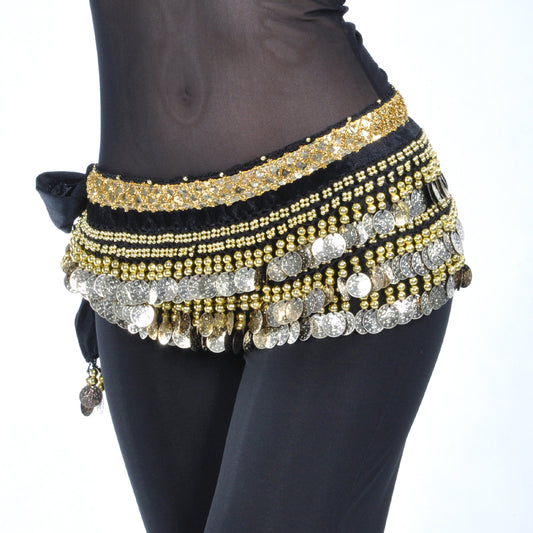 Women's Belly Dance Wave Shape Hip Scarf with 248 Gold Coins and Beads, Belly Dance Waist Belts
