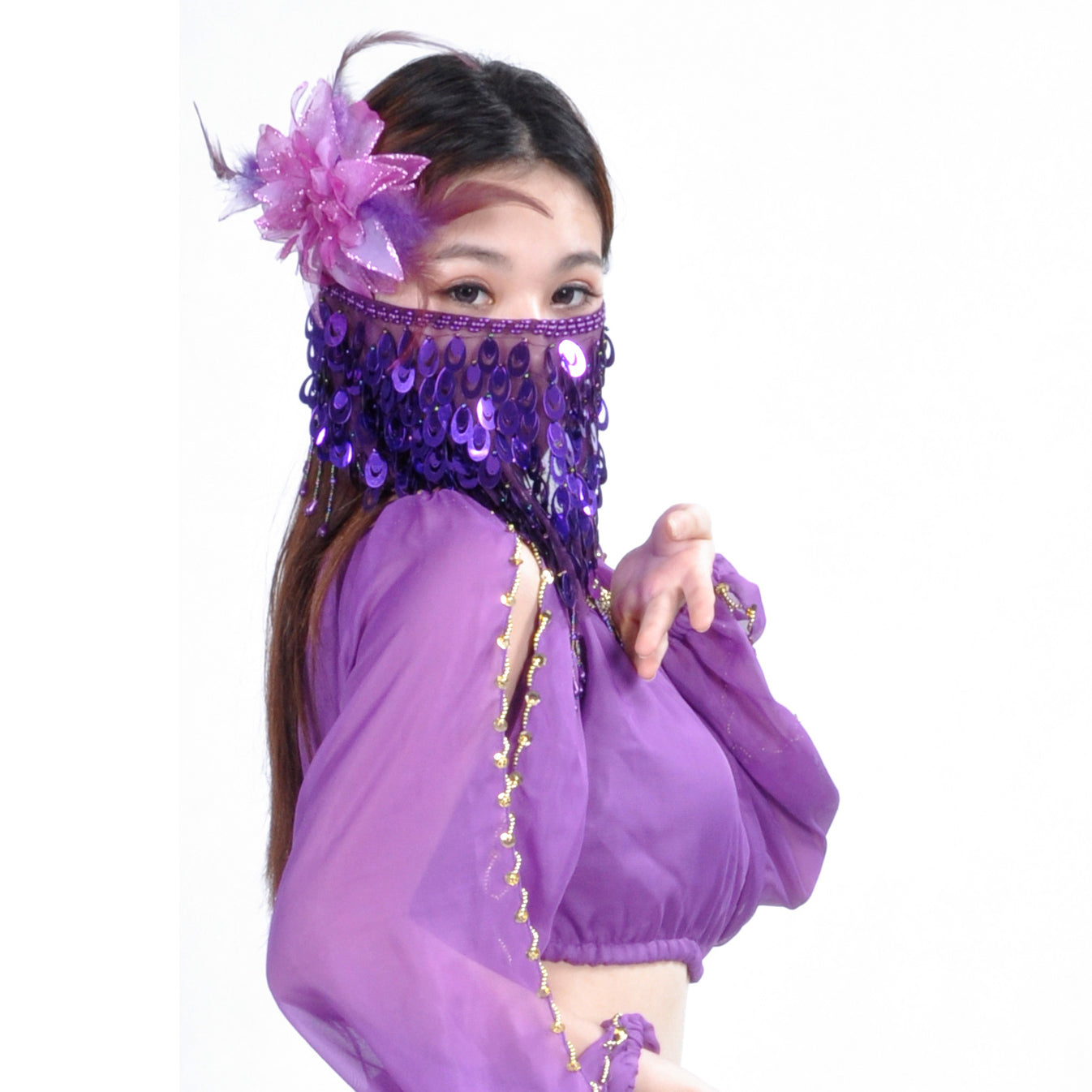 Nouveautés Queue de Phénix Perles de Raisin Génie Paillettes Gland Ornements d'Halloween Voile de Ventre Voile de Visage Foulard de Tête pour Femmes et Filles