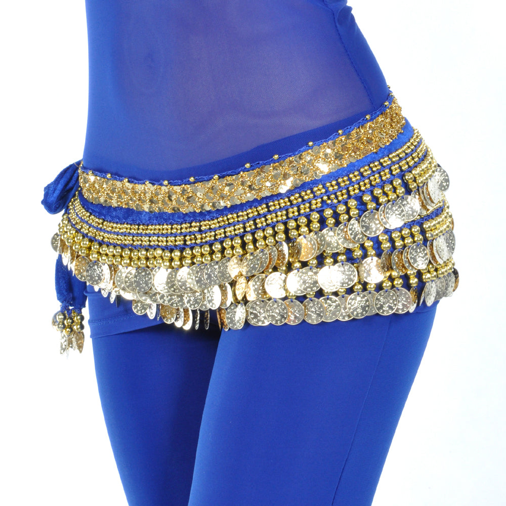 Women's Belly Dance Wave Shape Hip Scarf with 248 Gold Coins and Beads, Belly Dance Waist Belts