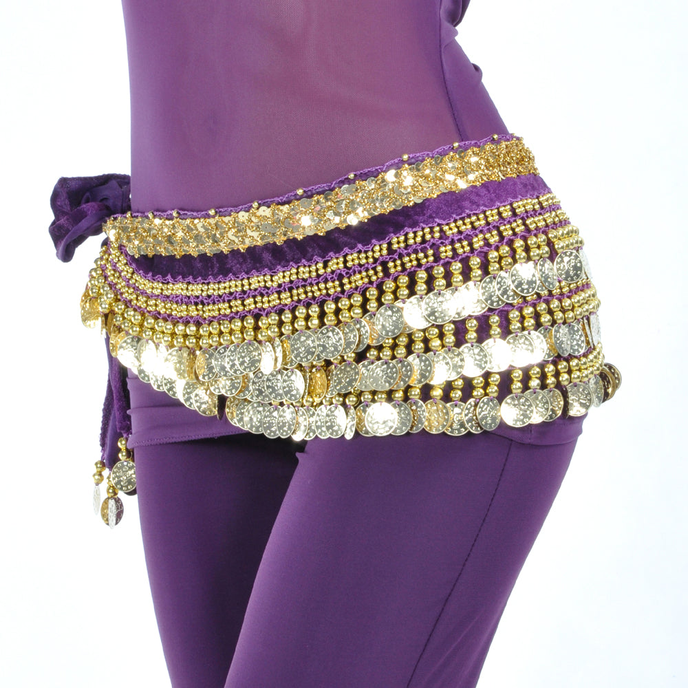 Women's Belly Dance Wave Shape Hip Scarf with 248 Gold Coins and Beads, Belly Dance Waist Belts