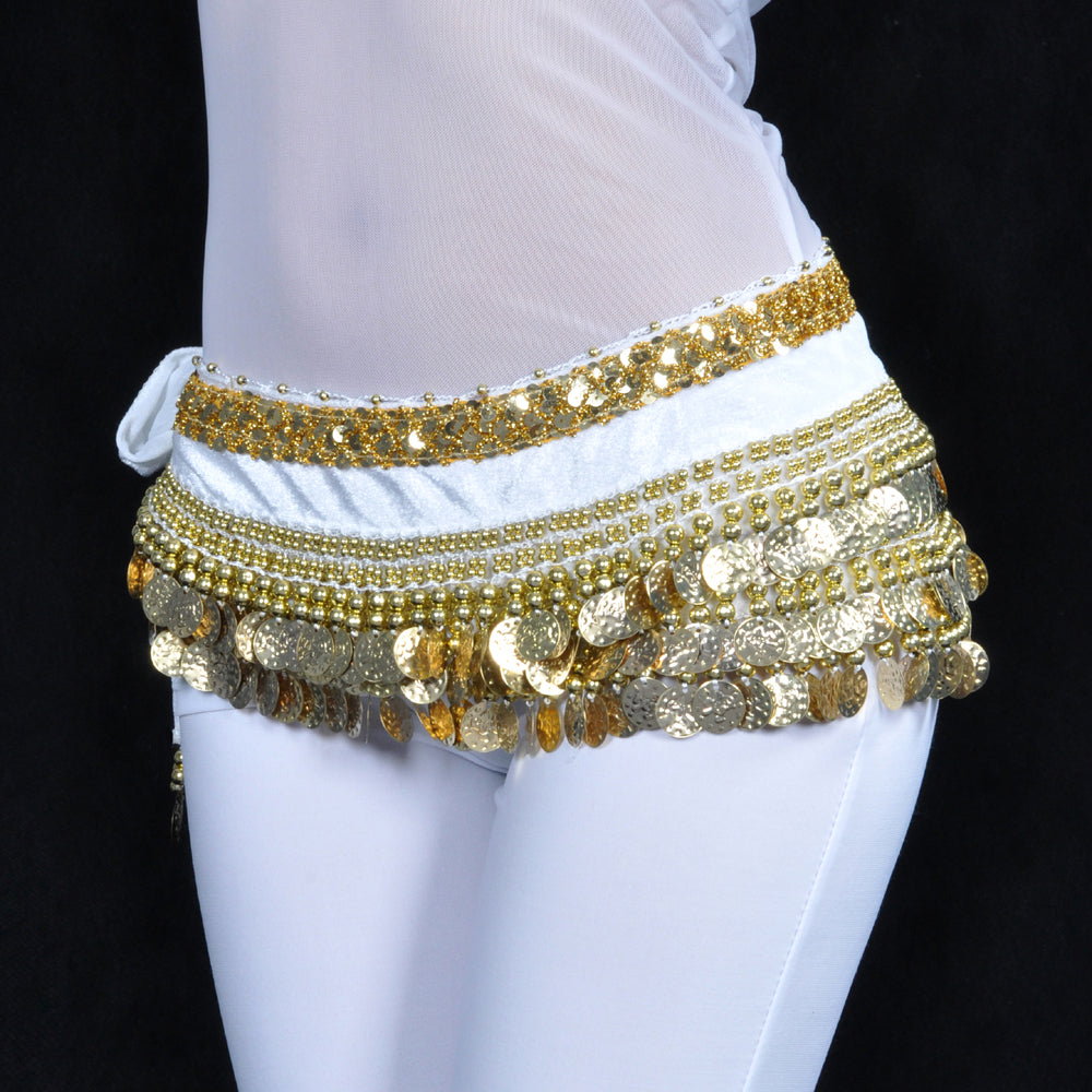 Women's Belly Dance Wave Shape Hip Scarf with 248 Gold Coins and Beads, Belly Dance Waist Belts