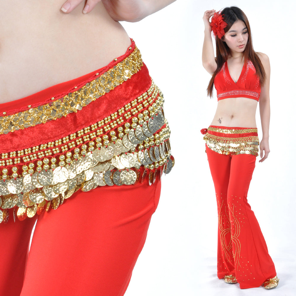 Women's Belly Dance Wave Shape Hip Scarf with 248 Gold Coins and Beads, Belly Dance Waist Belts