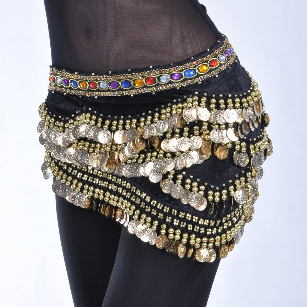 New Arrivals Belly Dance Wave Shape Hip Scarf with 328 Coins and Colorful Rhinestone, Belly Dance Waist Belts