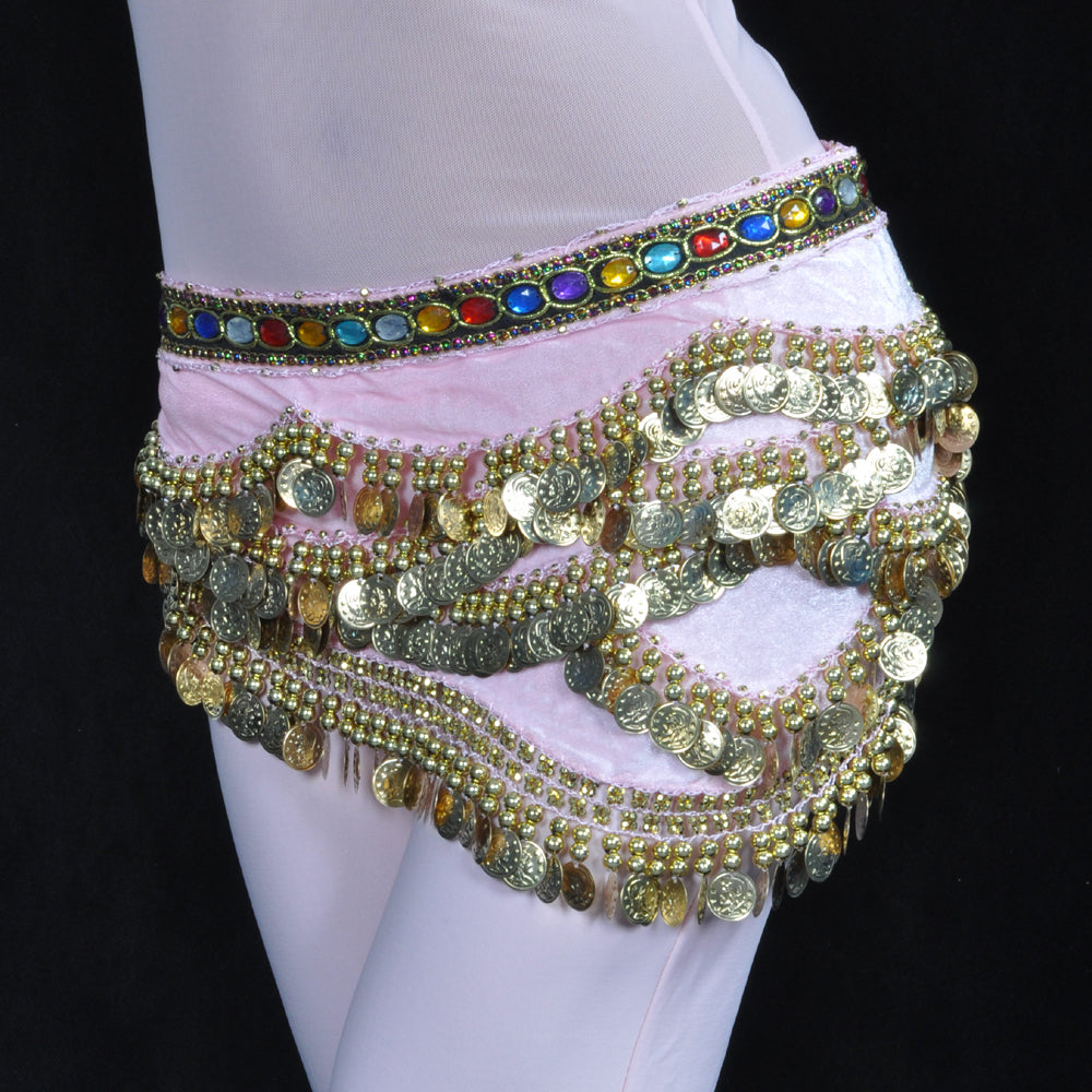 New Arrivals Belly Dance Wave Shape Hip Scarf with 328 Coins and Colorful Rhinestone, Belly Dance Waist Belts