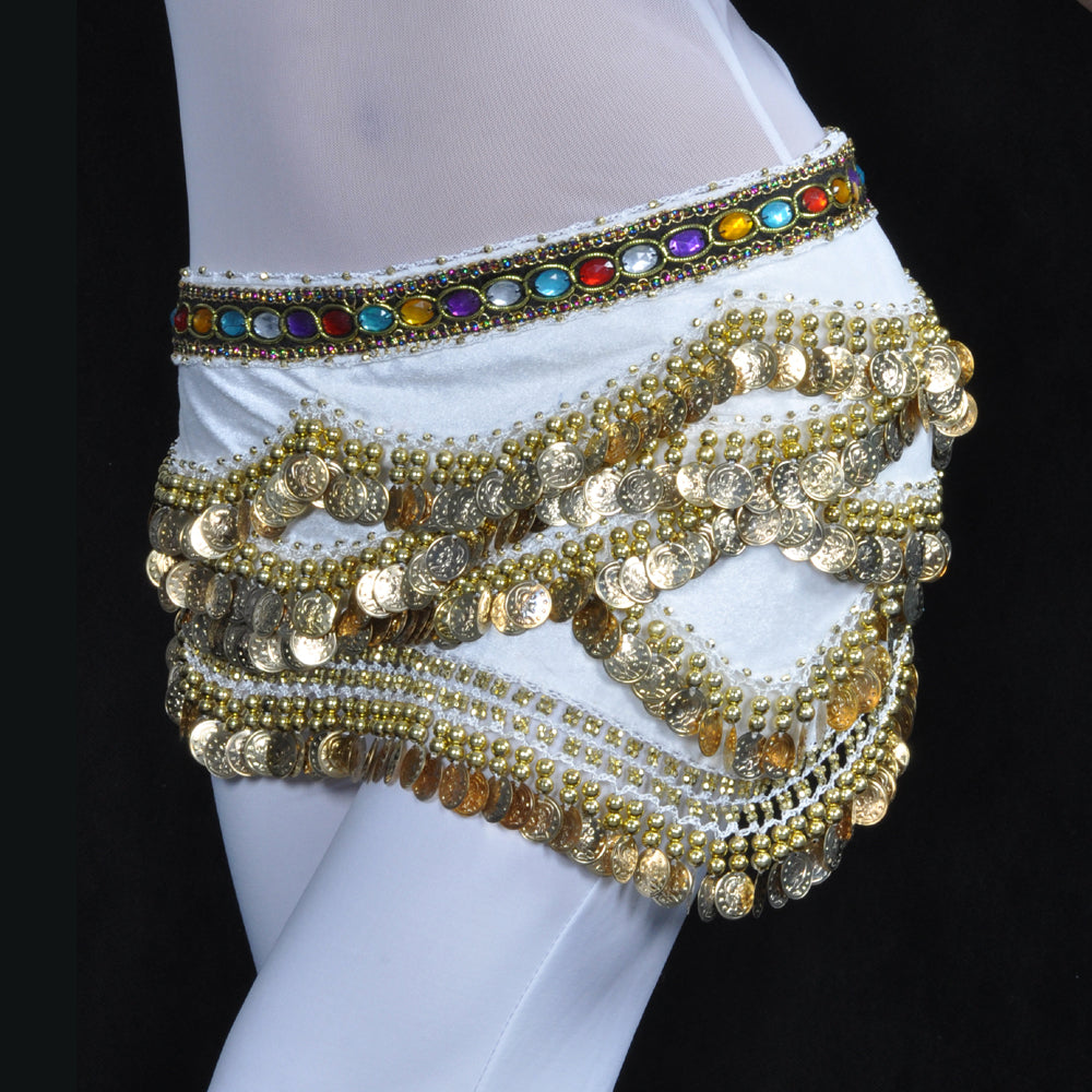 New Arrivals Belly Dance Wave Shape Hip Scarf with 328 Coins and Colorful Rhinestone, Belly Dance Waist Belts