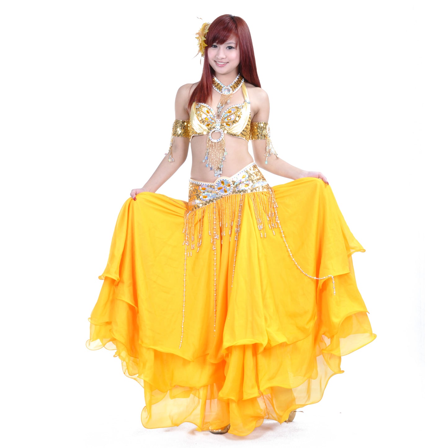 New Arrivals Tribal Belly Dance Costumes with 3-Layers Skirt and Beaded Bra Belly Dance Dress