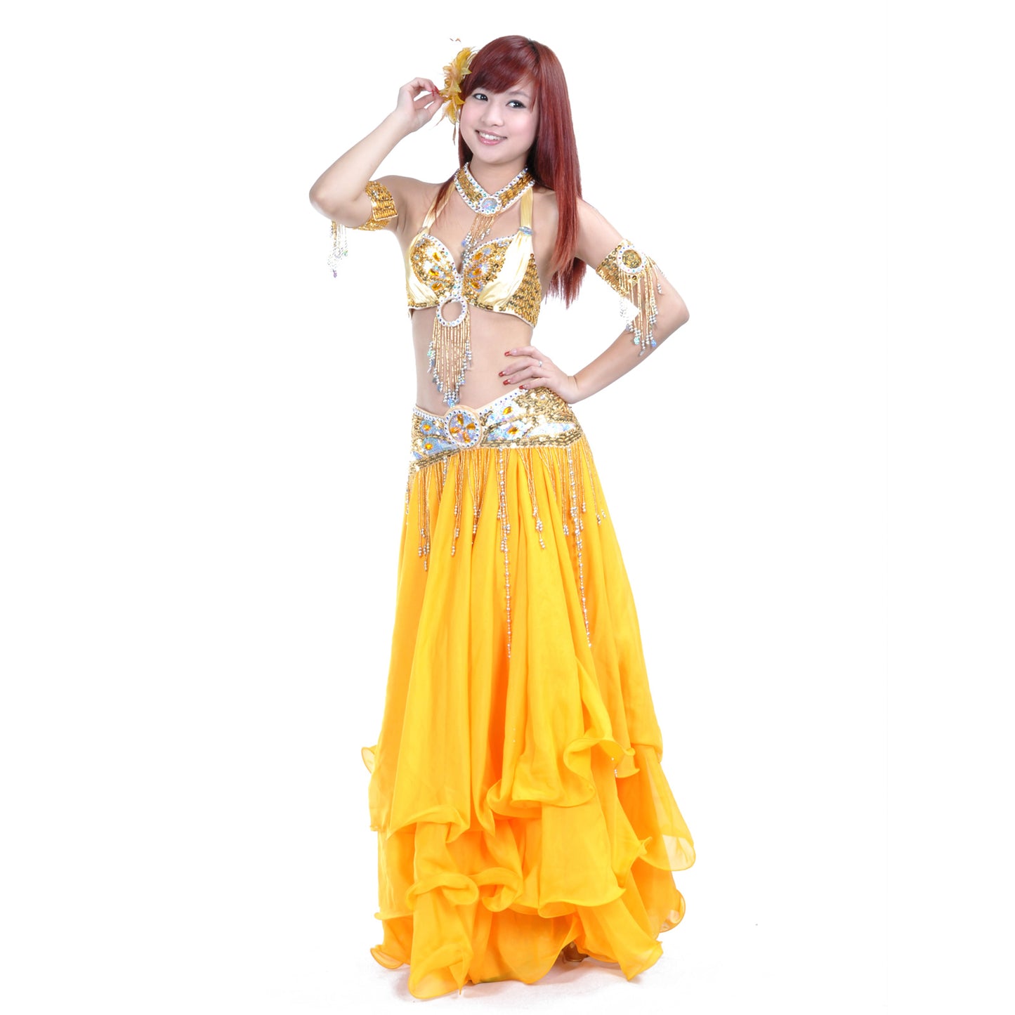 New Arrivals Tribal Belly Dance Costumes with 3-Layers Skirt and Beaded Bra Belly Dance Dress