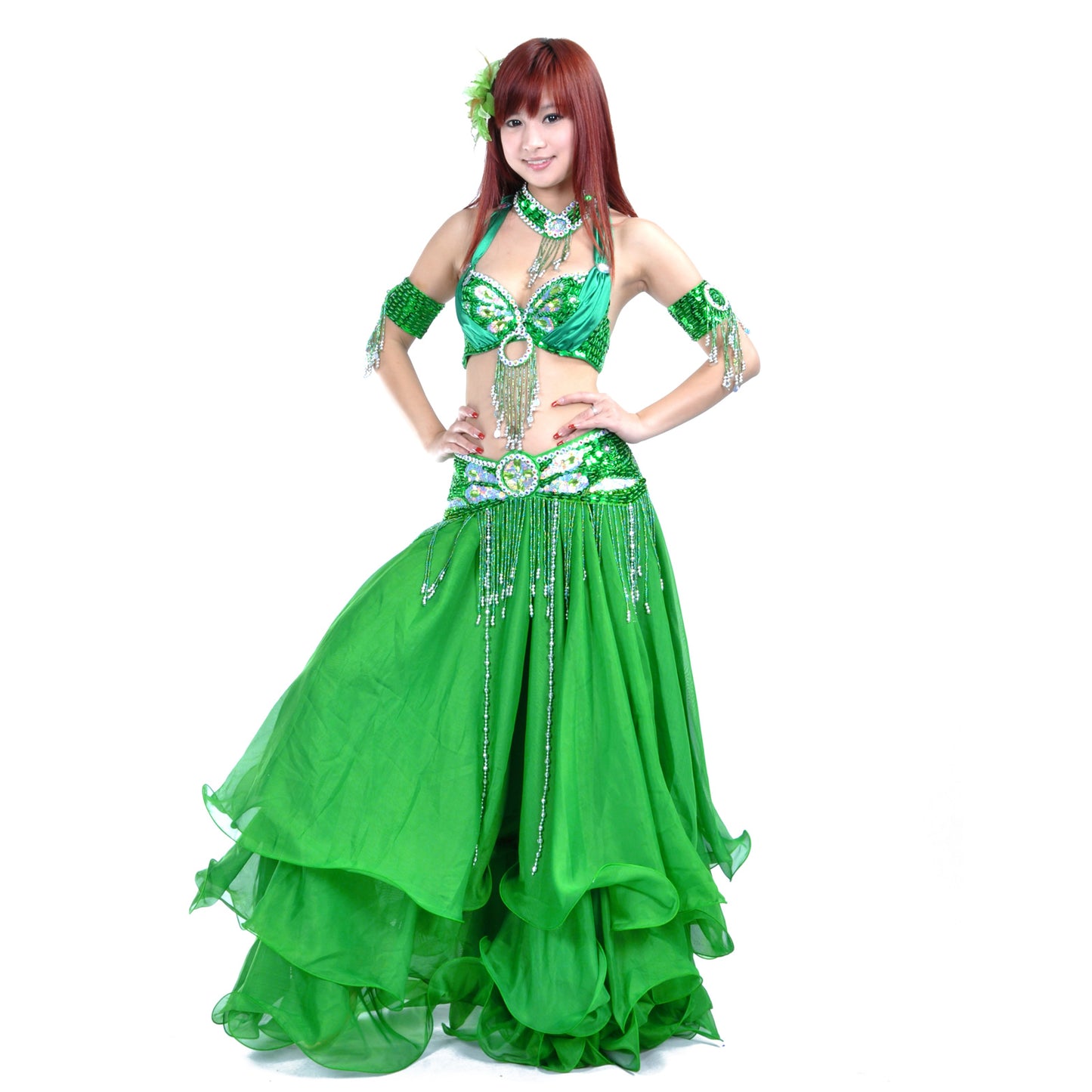 New Arrivals Tribal Belly Dance Costumes with 3-Layers Skirt and Beaded Bra Belly Dance Dress