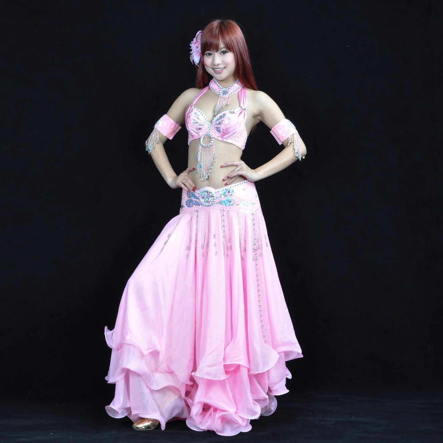 New Arrivals Tribal Belly Dance Costumes with 3-Layers Skirt and Beaded Bra Belly Dance Dress