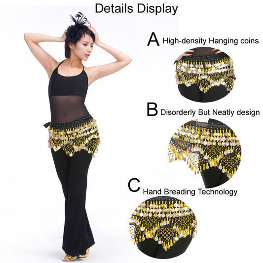 Women's Belly Dance Wave Shape Hip Scarf with 320 Coins Three Straight Two Angle Waist Belt