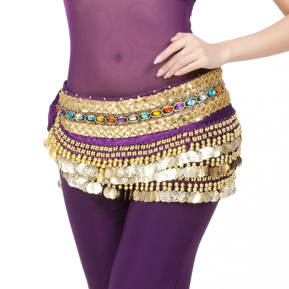 Women's Belly Dance Wave Shape Hip Scarf with 248 Coins and Colorful Rhinestone, Belly Dance Waist Belts