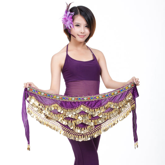 New Arrivals Belly Dance Wave Shape Hip Scarf with 328 Coins and Colorful Rhinestone, Belly Dance Waist Belts