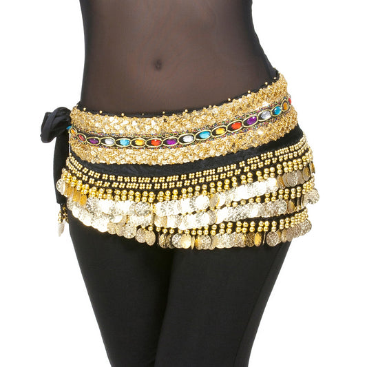 Women's Belly Dance Wave Shape Hip Scarf with 248 Coins and Colorful Rhinestone, Belly Dance Waist Belts