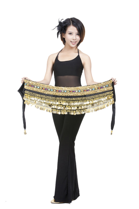 Women's Belly Dance Wave Shape Hip Scarf with 248 Coins and Colorful Rhinestone, Belly Dance Waist Belts