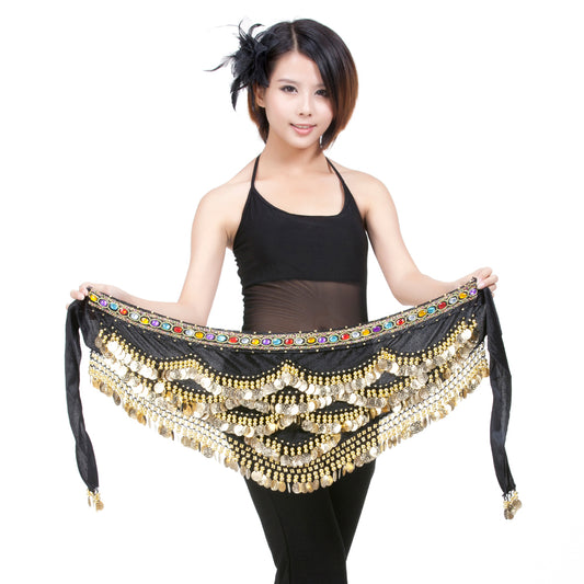 New Arrivals Belly Dance Wave Shape Hip Scarf with 328 Coins and Colorful Rhinestone, Belly Dance Waist Belts