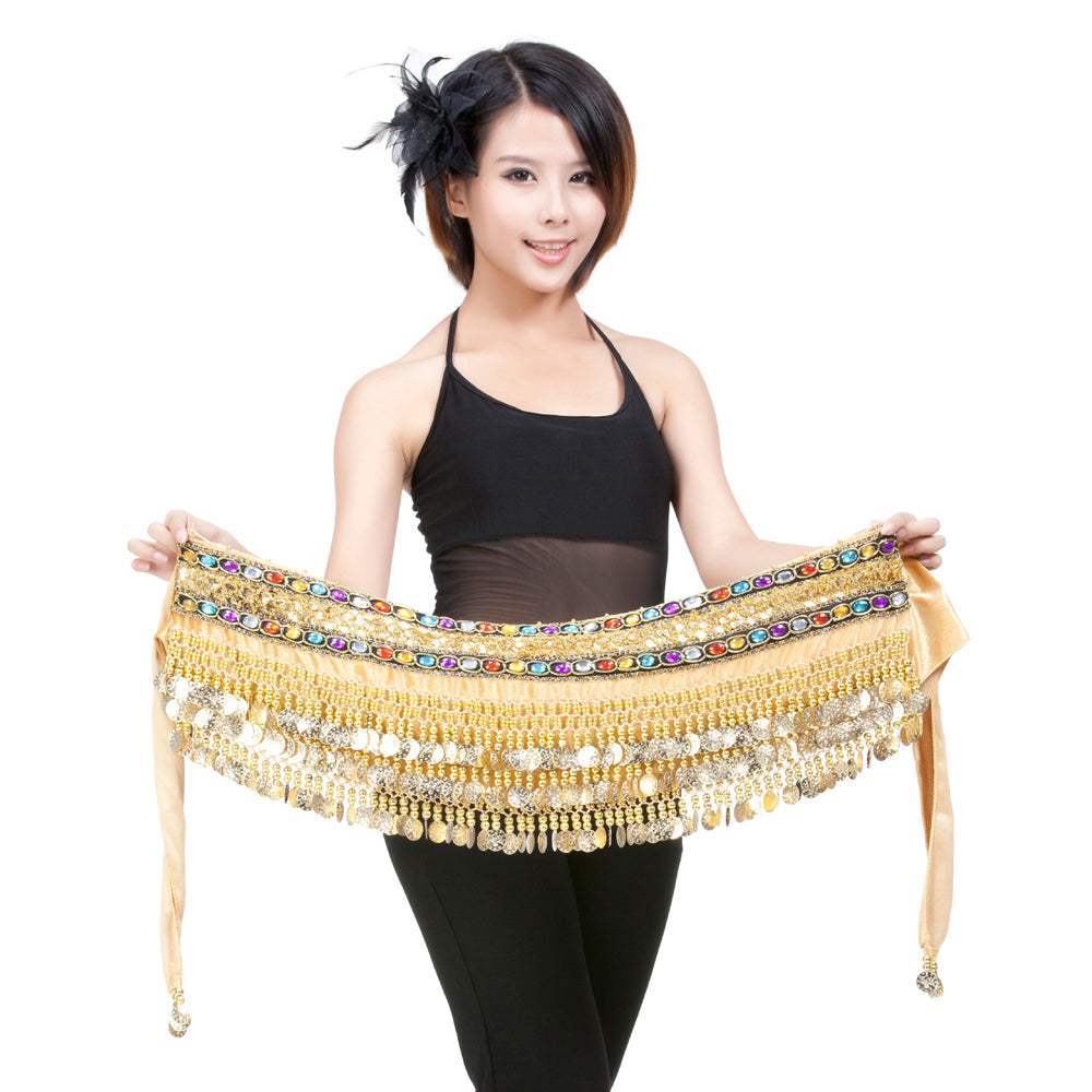 New Arrivals Belly Dance Wave Shape Hip Scarf with 248 Coins and Colorful Rhinestone, Belly Dance Waist Belts