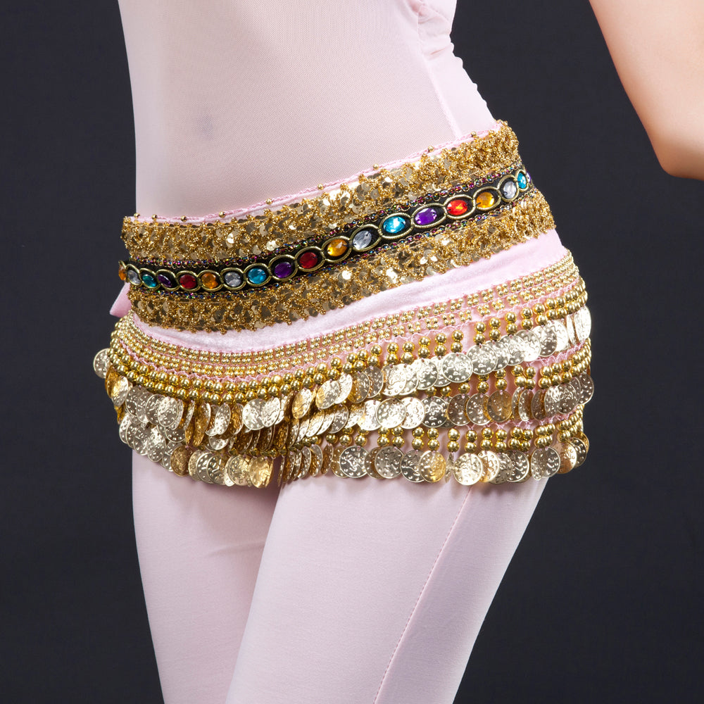 Women's Belly Dance Wave Shape Hip Scarf with 248 Coins and Colorful Rhinestone, Belly Dance Waist Belts