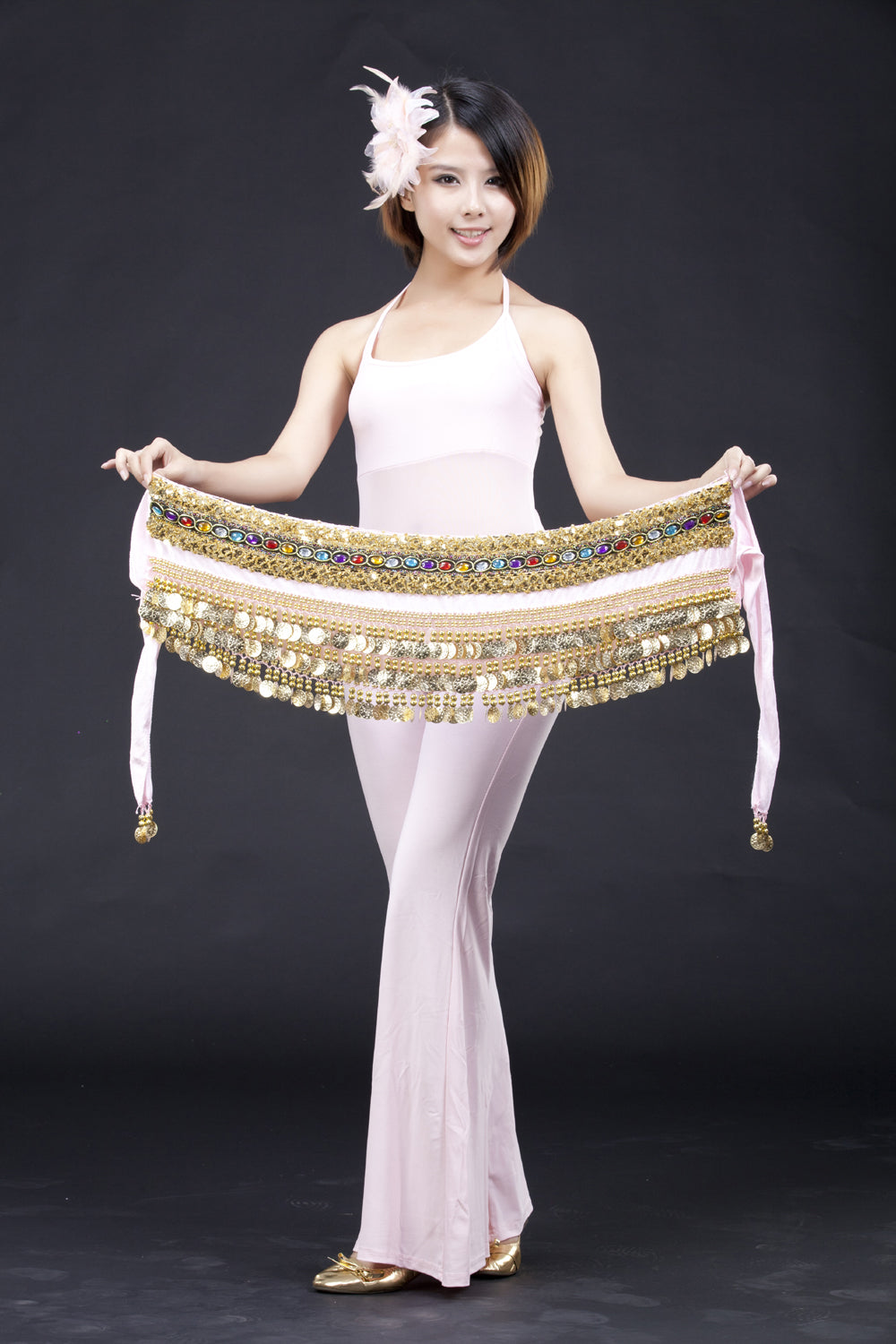 Women's Belly Dance Wave Shape Hip Scarf with 248 Coins and Colorful Rhinestone, Belly Dance Waist Belts