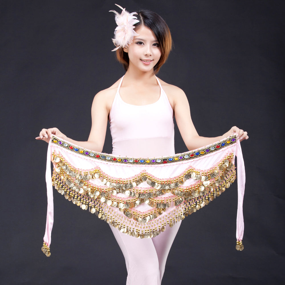 New Arrivals Belly Dance Wave Shape Hip Scarf with 328 Coins and Colorful Rhinestone, Belly Dance Waist Belts