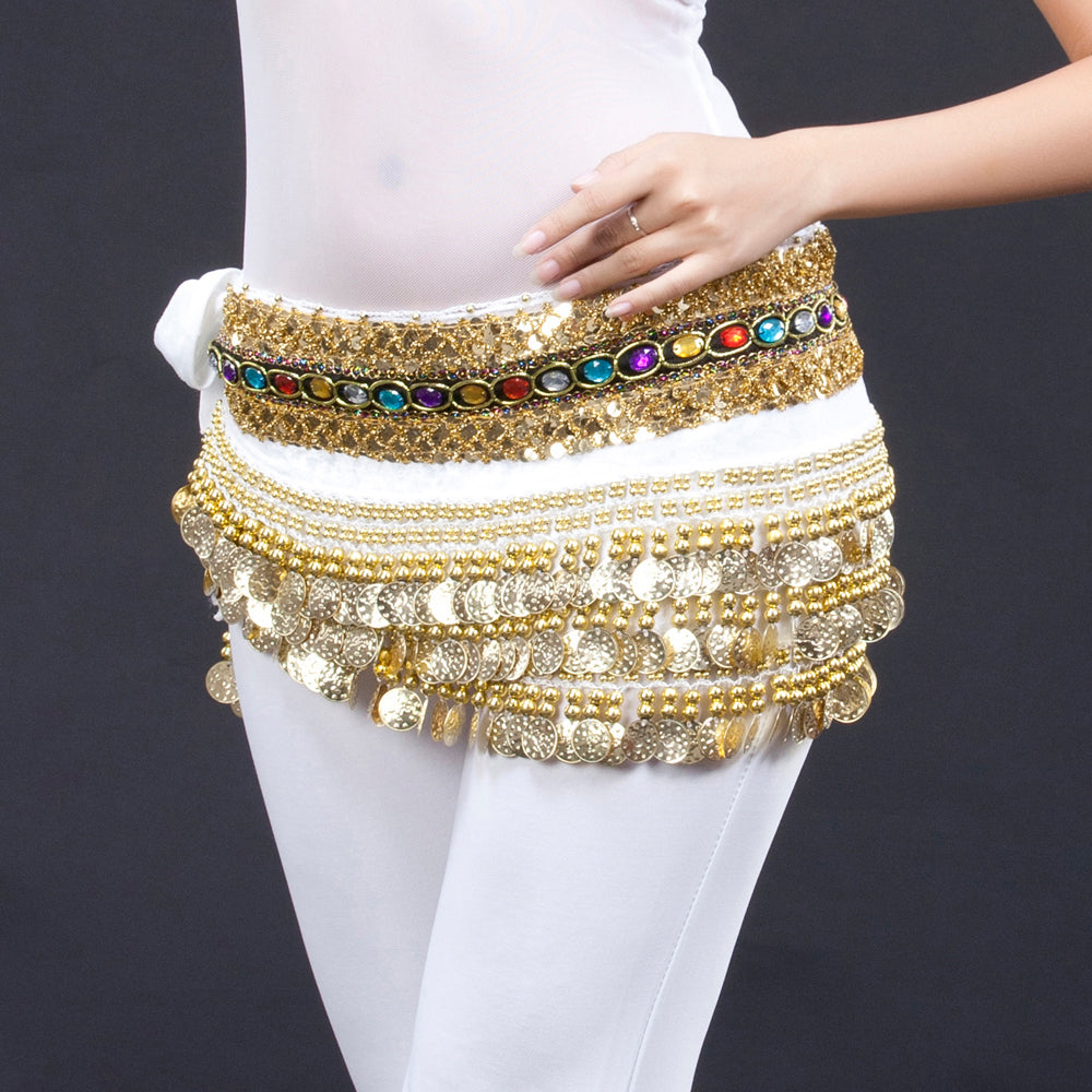 Women's Belly Dance Wave Shape Hip Scarf with 248 Coins and Colorful Rhinestone, Belly Dance Waist Belts