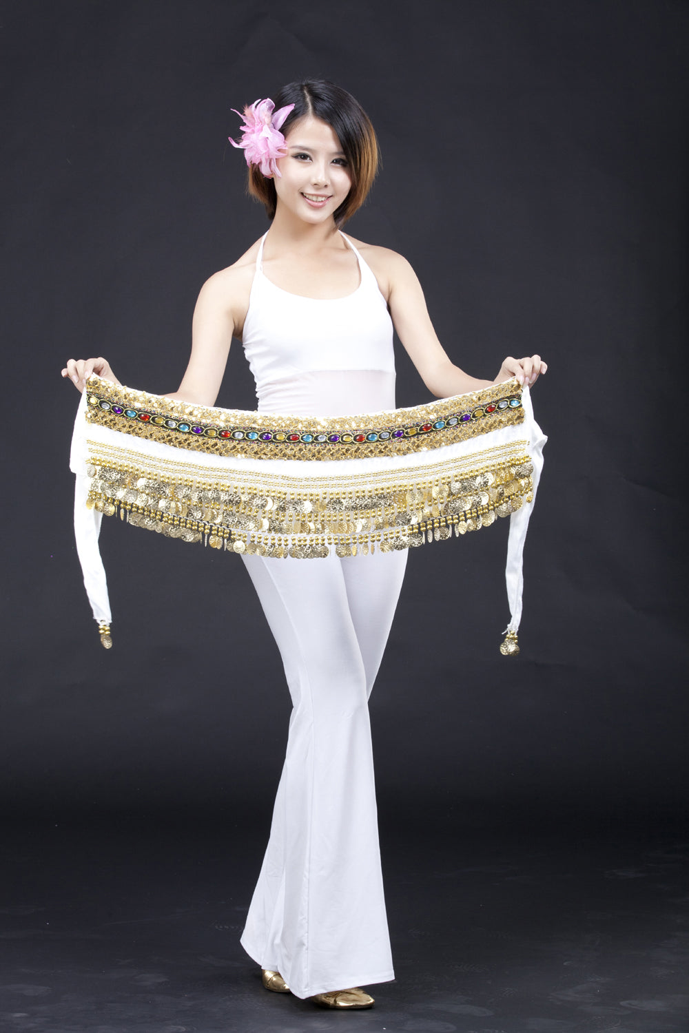 Women's Belly Dance Wave Shape Hip Scarf with 248 Coins and Colorful Rhinestone, Belly Dance Waist Belts