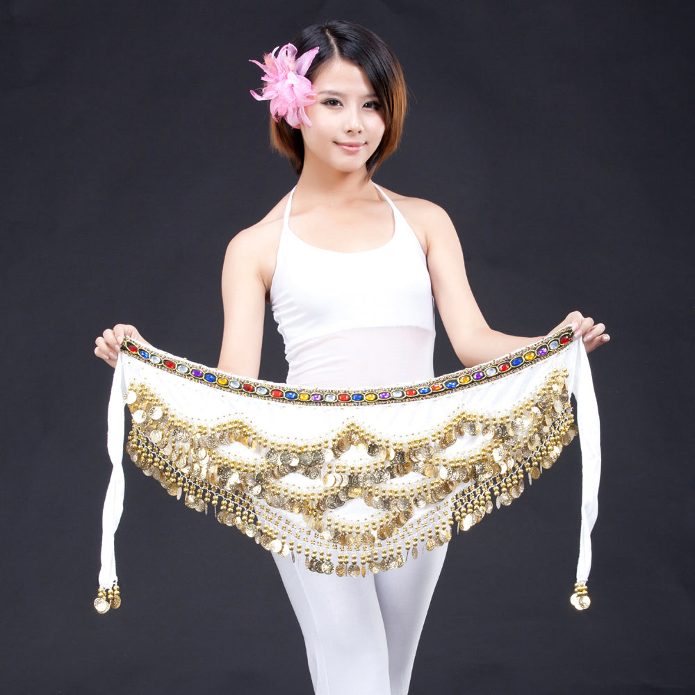 New Arrivals Belly Dance Wave Shape Hip Scarf with 328 Coins and Colorful Rhinestone, Belly Dance Waist Belts