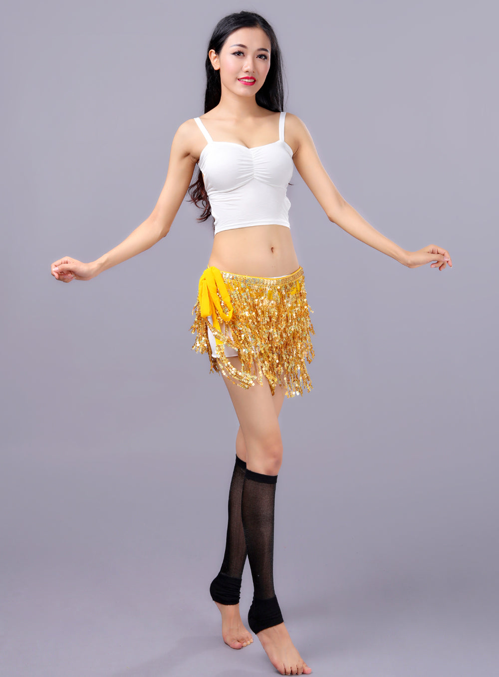 New Arrivals Sequined Fringed 4-Layers Drawstring Closure Belly Dance Waist Chain Skirt Hip Scarf Latin Skirt