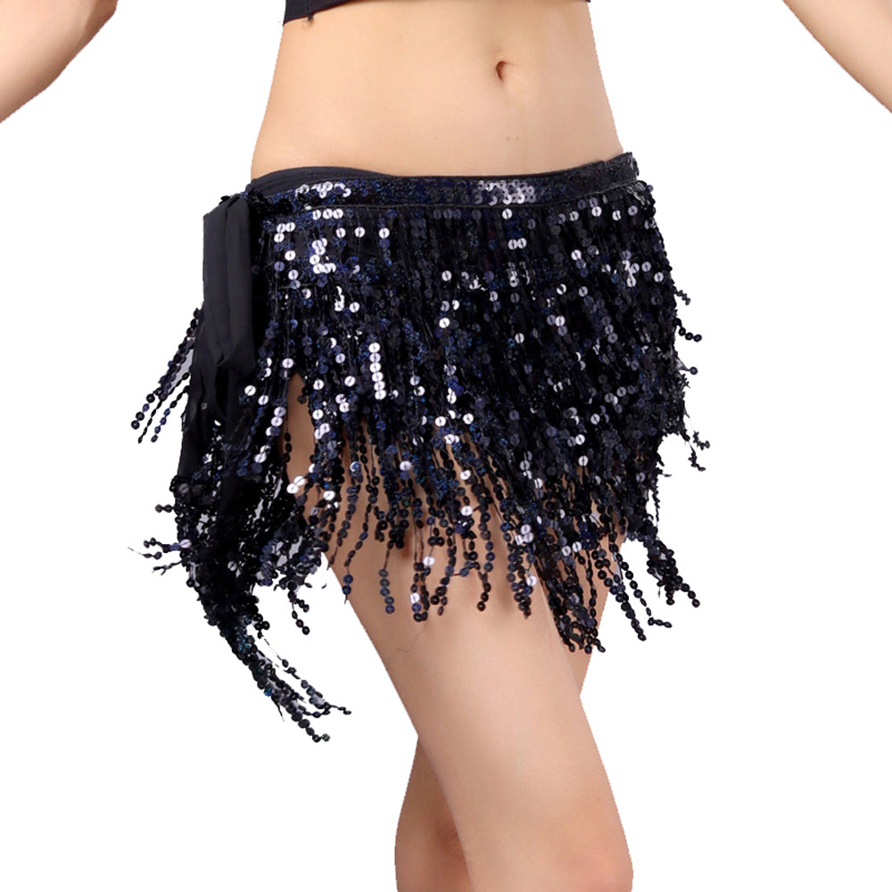 New Arrivals Sequined Fringed 4-Layers Drawstring Closure Belly Dance Waist Chain Skirt Hip Scarf Latin Skirt