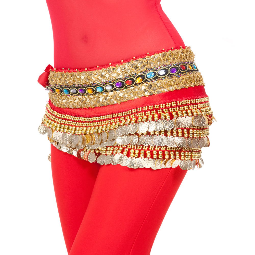 Women's Belly Dance Wave Shape Hip Scarf with 248 Coins and Colorful Rhinestone, Belly Dance Waist Belts